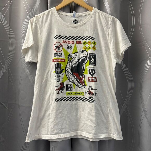 Jurassic World White Adult Unisex Tee Raptor Warning Sign Soft‎ Cotton Universal - Picture 1 of 11